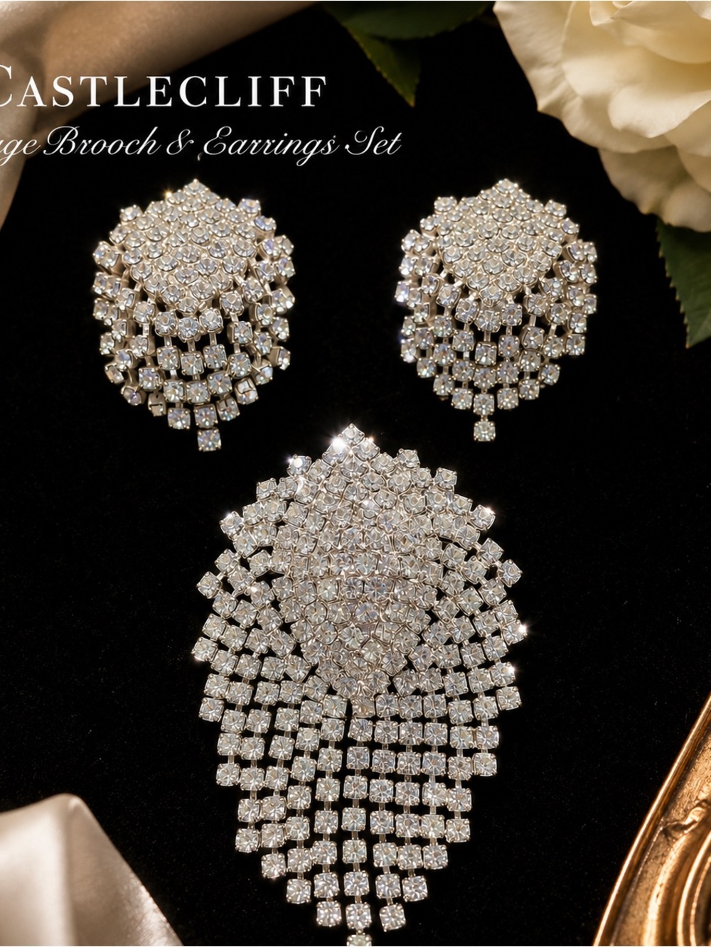 Vintage Signed Castlecliff Rhinestone Waterfall Brooch/Earrings Demi Parure